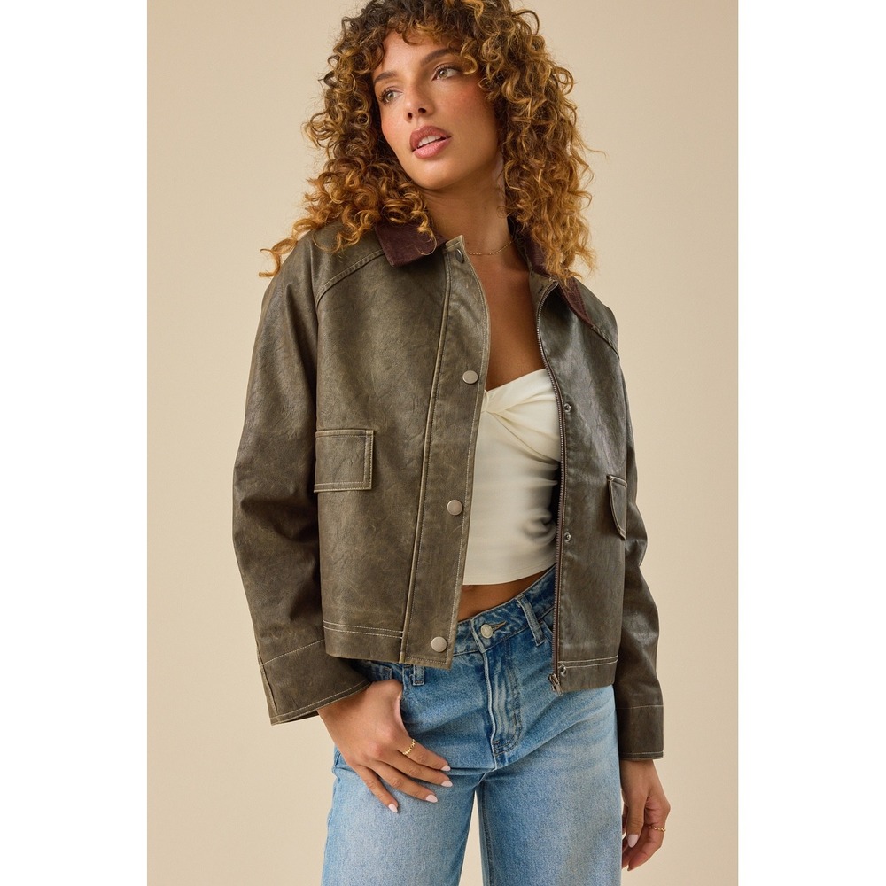 Altar'd State Distressed Faux Leather Bomber Jacket W/‎ Corduroy Collar Size XXS
